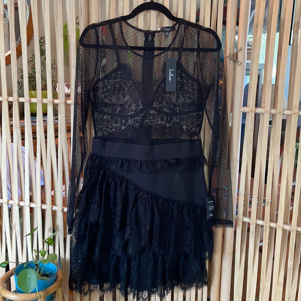 Lulu Stole Your Heart Black Lace Long Sleeve Bodycon Mini Dress BNWT